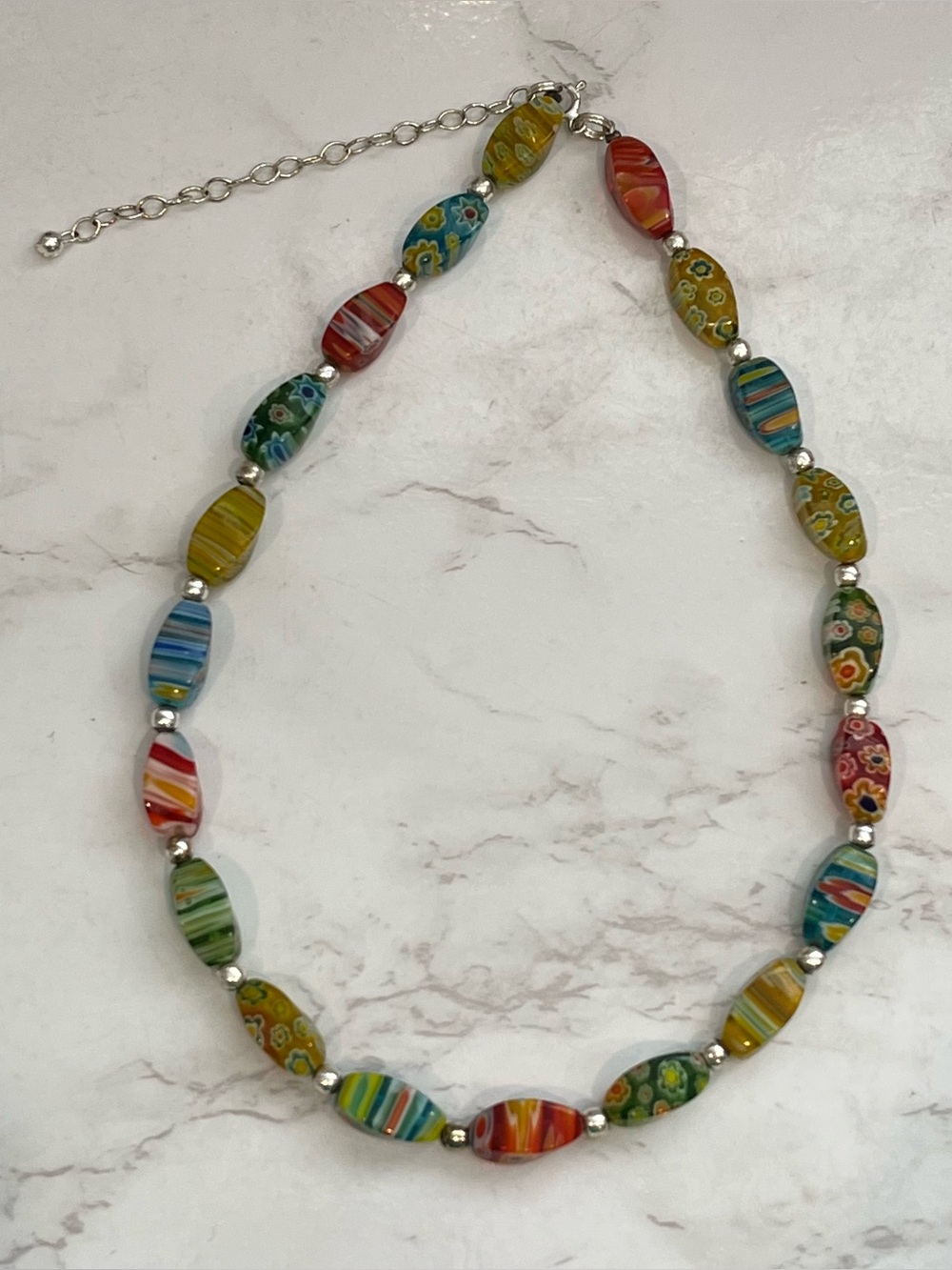Vintage Italian Murano Glass Millefiori Oval Bead Necklace Sterling Silver 925